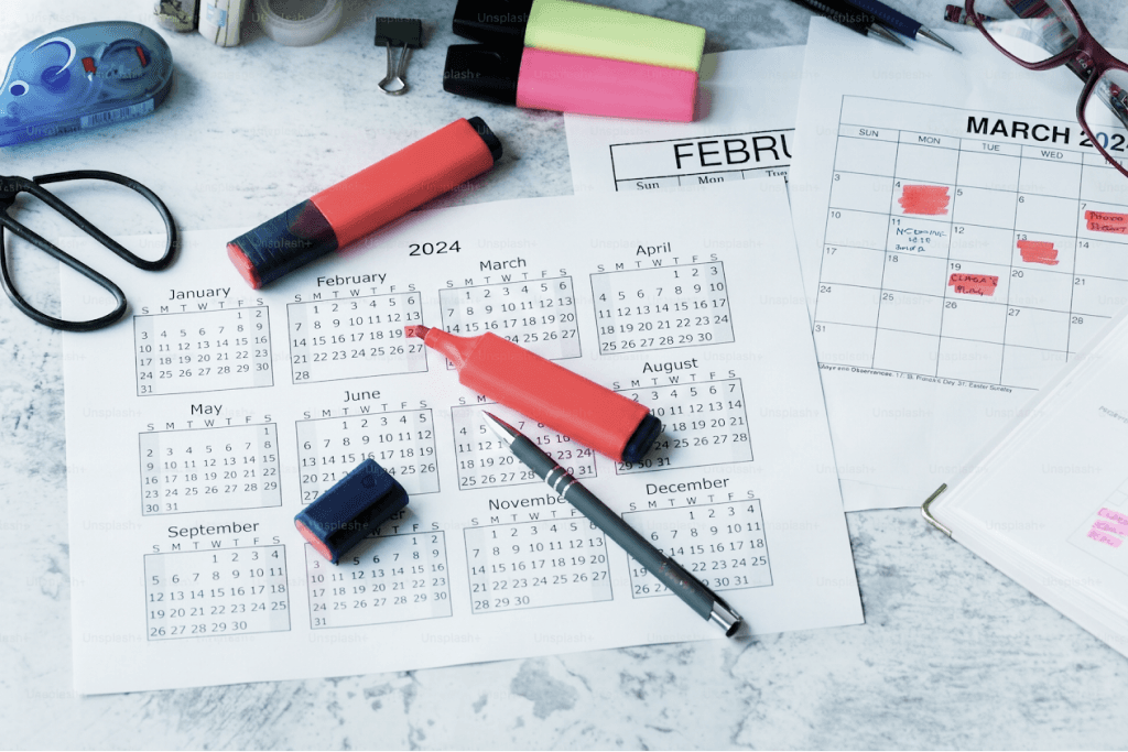 Annual calendar with renewal dates and planning materials